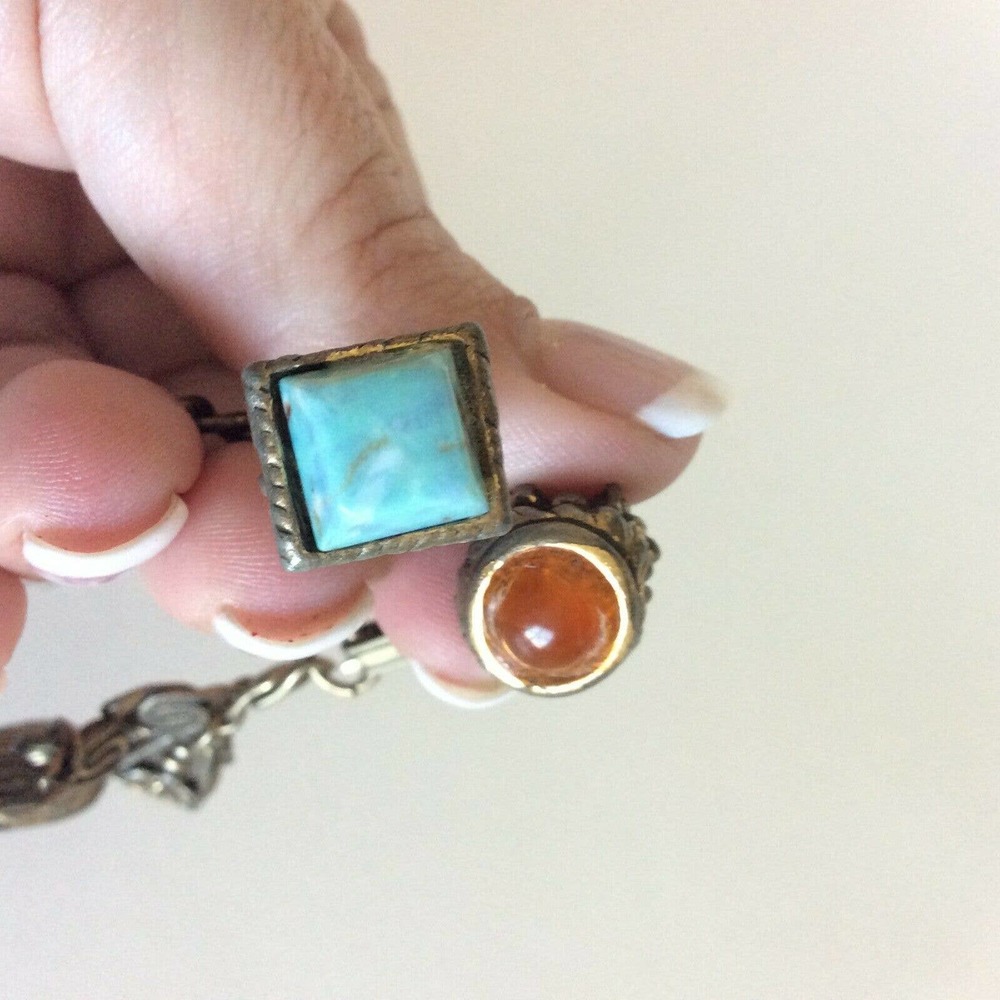 Vintage Chunky Fob Charm Bracelet Ornate Stones - Picture 6 of 9